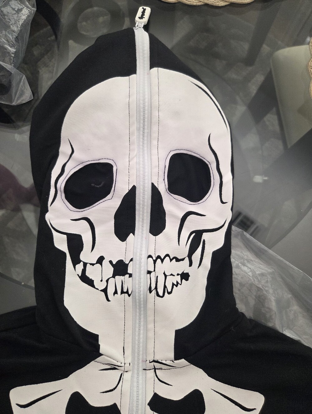Youth Black Skeleton One-Piece Costume With Hoodie -1 Available - Picture 6 of 6